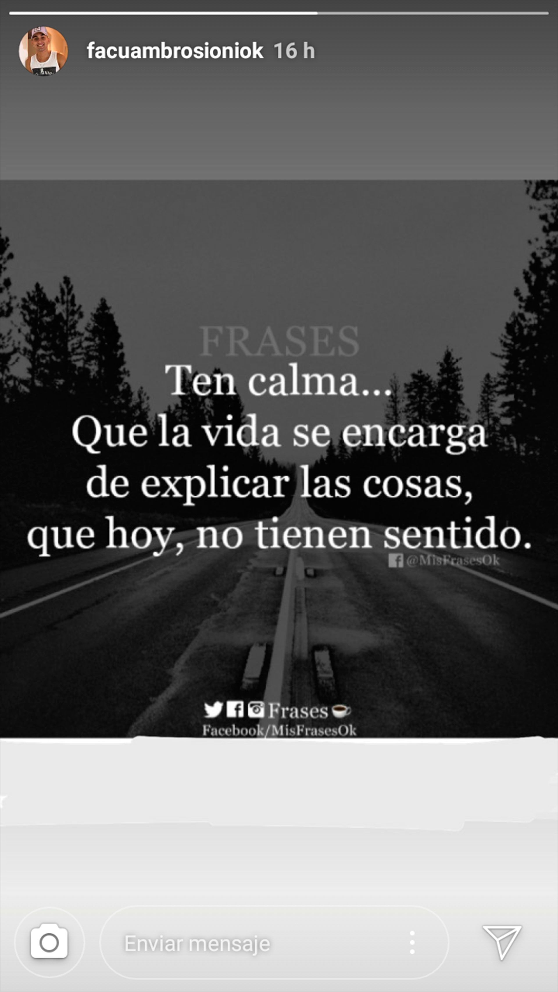 El mensaje que subió Facundo hoy a su historia de Instagram.